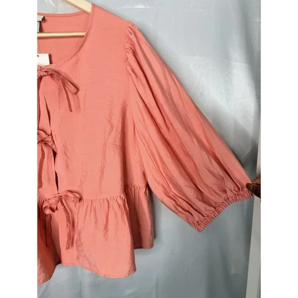 Ava & Viv Pink Tie Front Peplum Blouse XXL Elbow Sleeve Rayon NWT - Picture 10 of 13